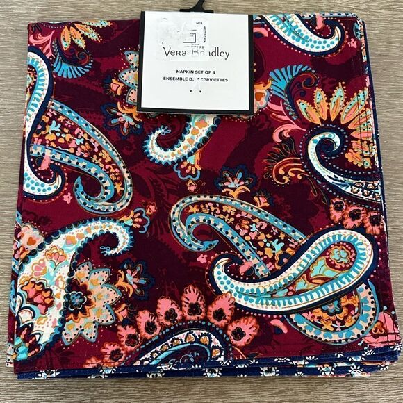 Vera Bradley Paisley Napkins Set 4-pc Maroon Navy Blue - Picture 2 of 3